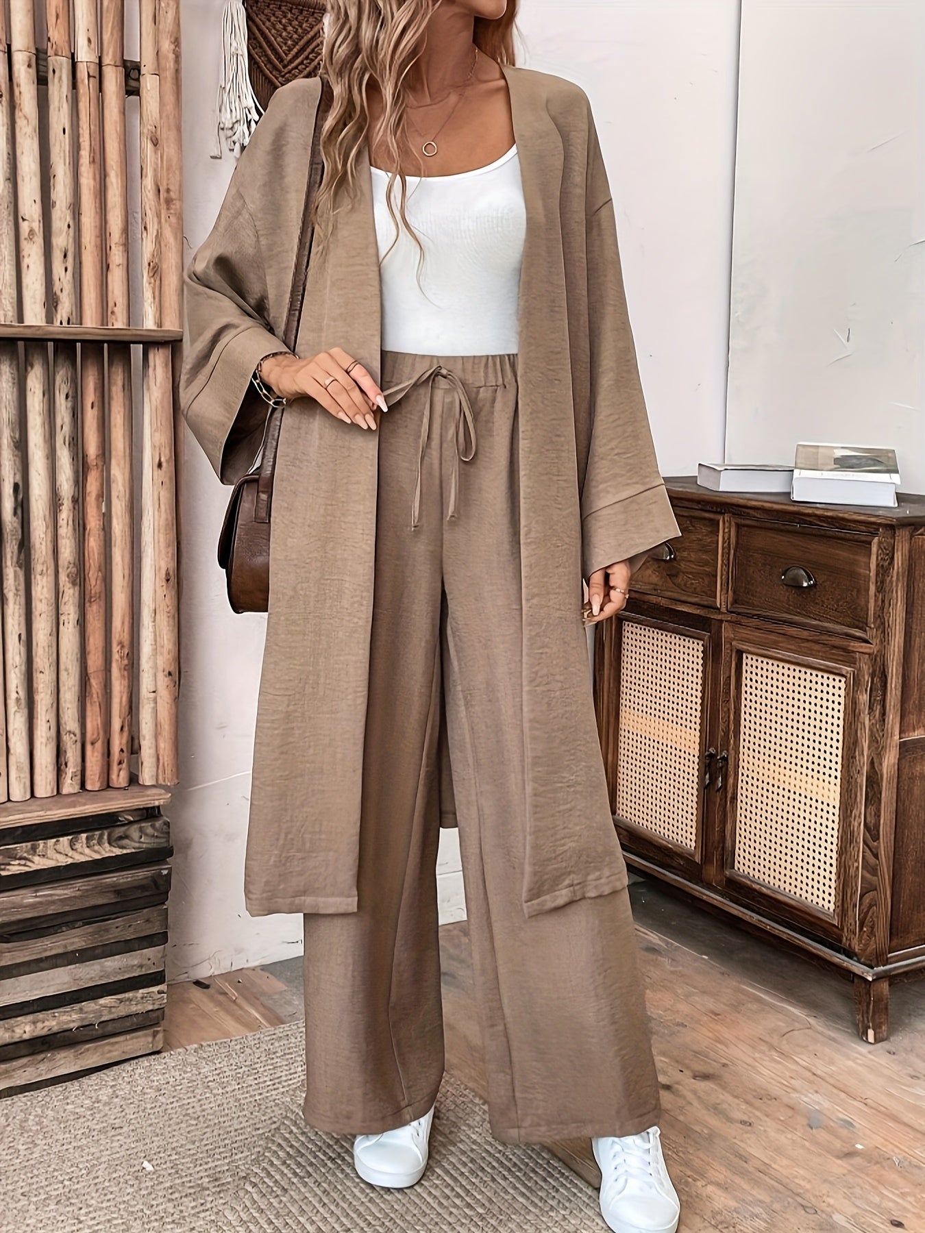 Women'S Loose Long Coat And Versatile Wide-Leg Pants Casual Two-Piece Suit