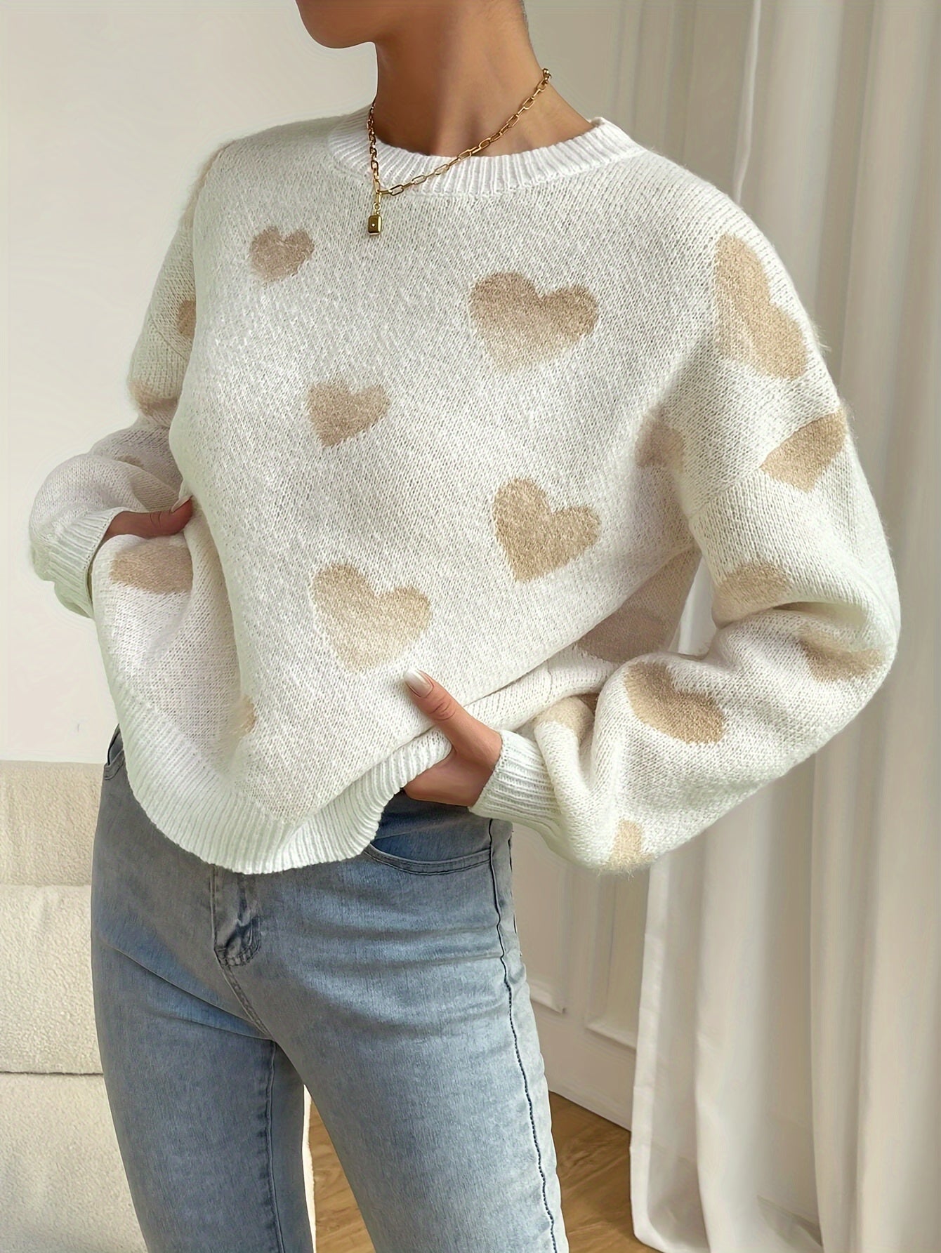 Heart Pattern Drop Shoulder Knitted Sweater, Casual Crew Neck Long Sleeve Pullover Sweater, Women's Clothing
