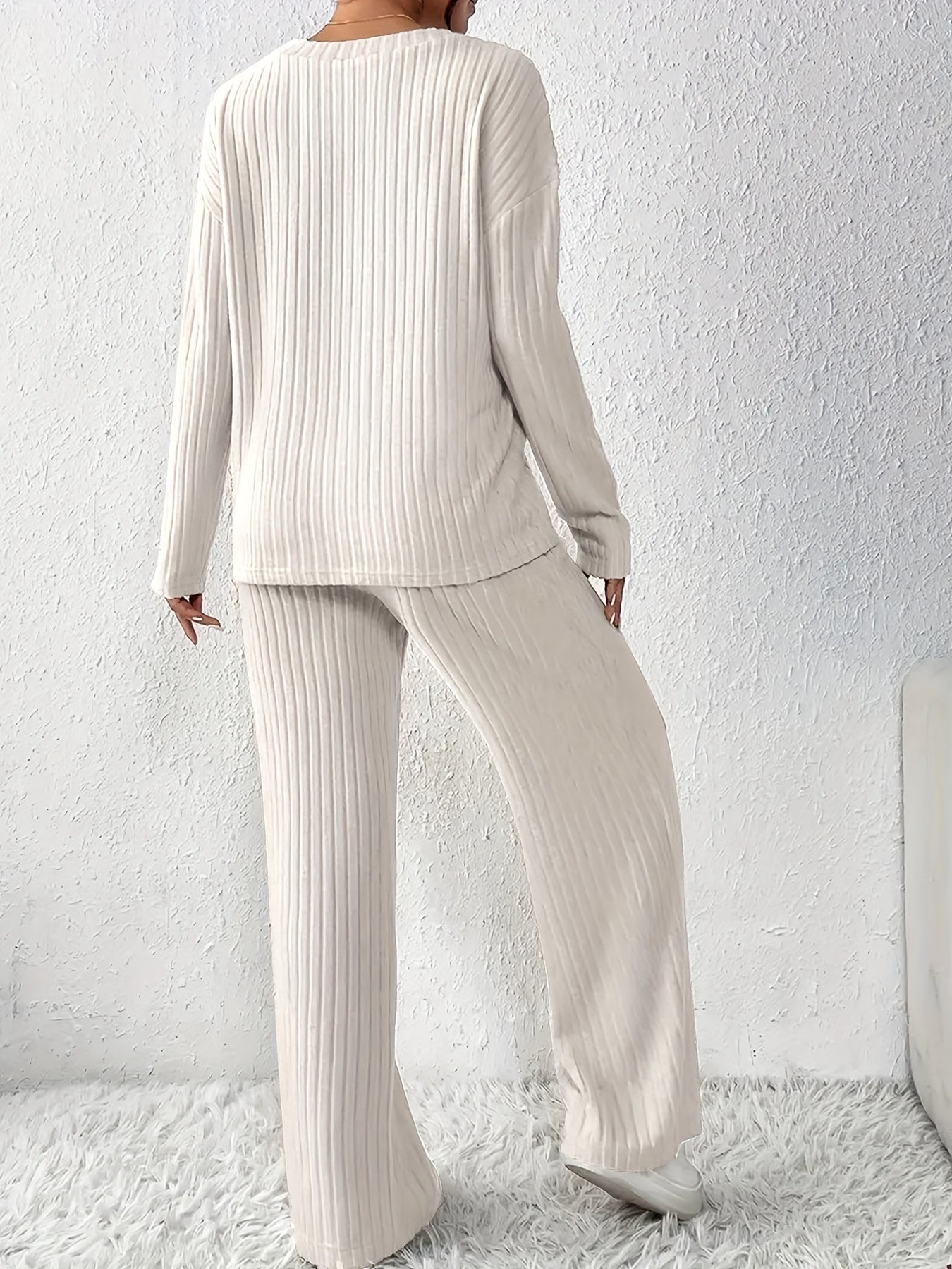 Women's Casual V-Neck Long Sleeve Pajama Set - Light Blue Ribbed Lounge Outfit with Print Cross Detail, Machine Washable, Ladies Pajama Sets