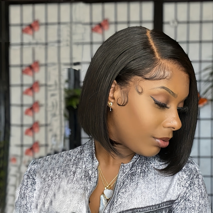 Glueless 13x4 Lace Frontal Wig Brazilian Human Hair Straight Bob Cut 150% Density Preplucked Natural Hairline & Bangs No Maintenance Elegant Wigs for Women All Ethnicities Every Occasion, Hair Wig, Versatile Hairpiece, Sleek