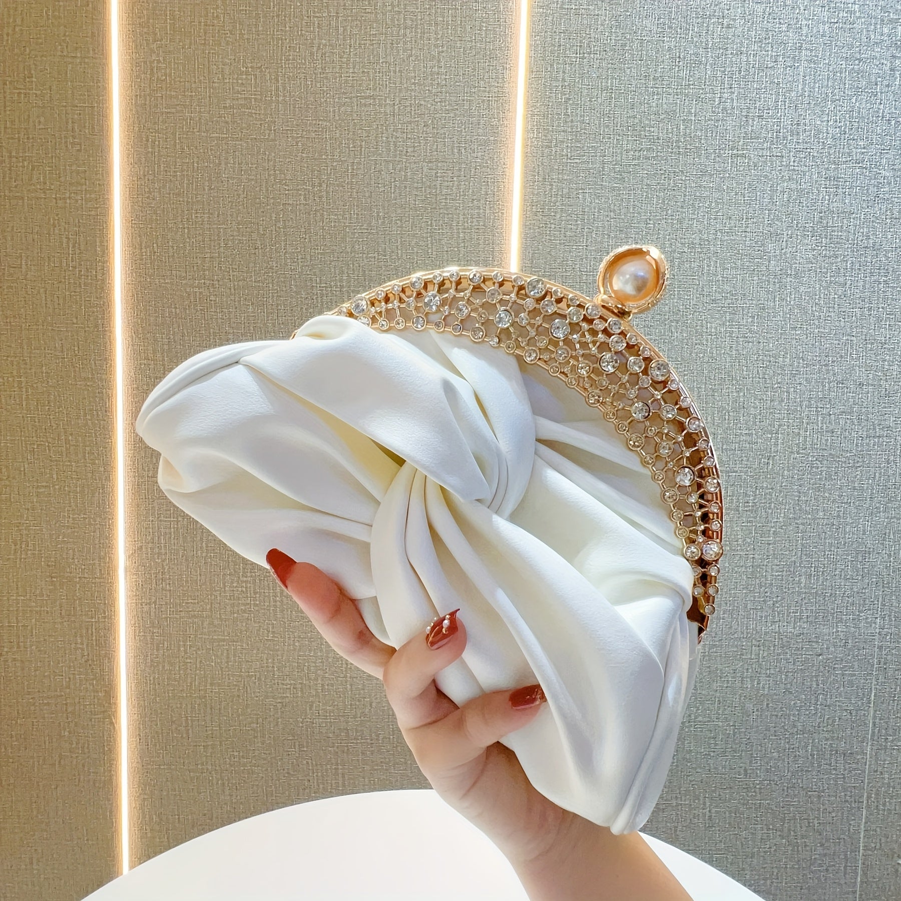 Elegant White Mini Clutch with Golden Rhinestone Crown, Removable Shoulder Strap, and Pearl Accents - Perfect for Evening Parties, Banquets, and Special Occasions, Ladies' Handbag