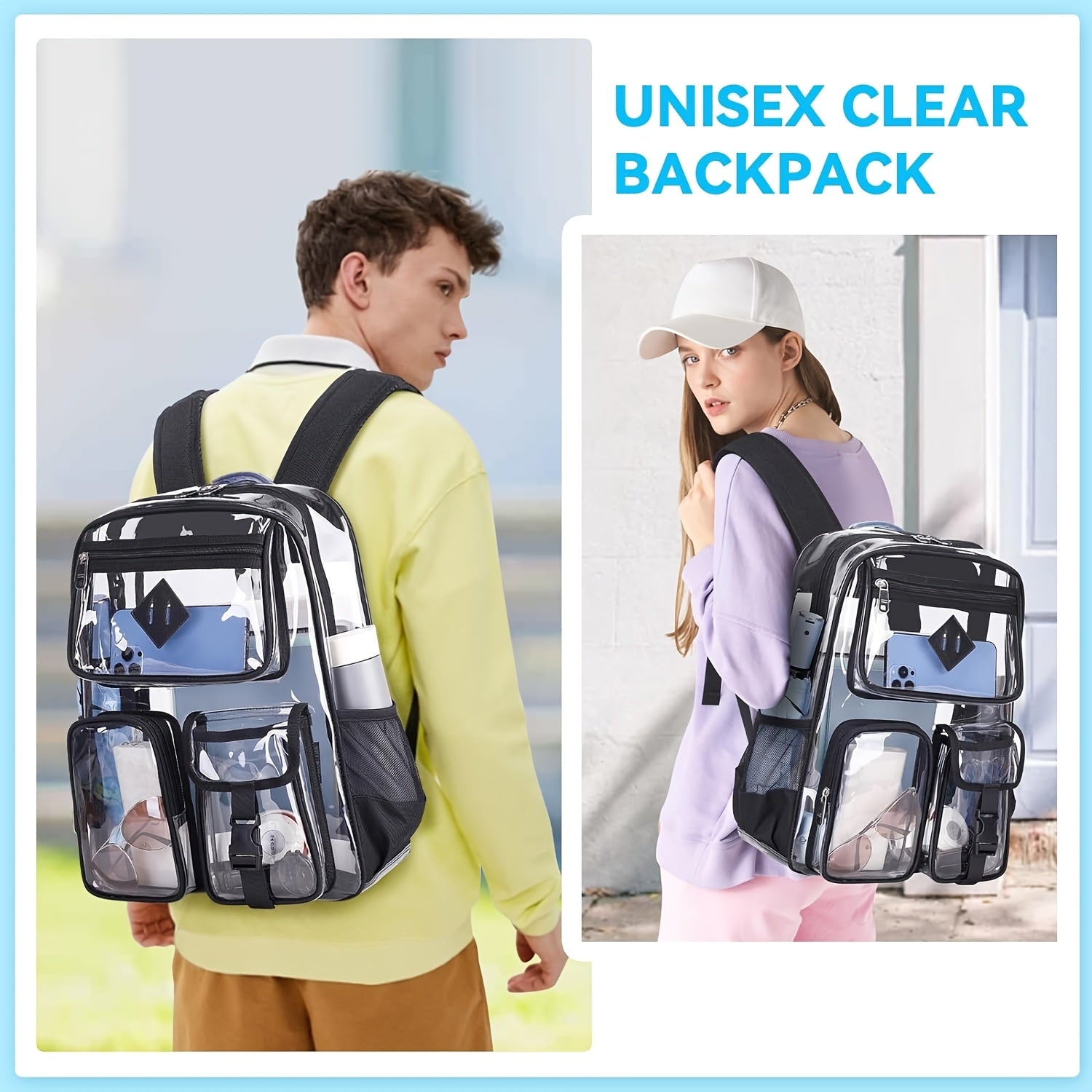 Adjustable Strap Clear Backpack for Women - Heavy Duty PVC Transparent Bookbag, Stadium-Approved, See-Through Design with Multiple Compartments for School and Casual Use