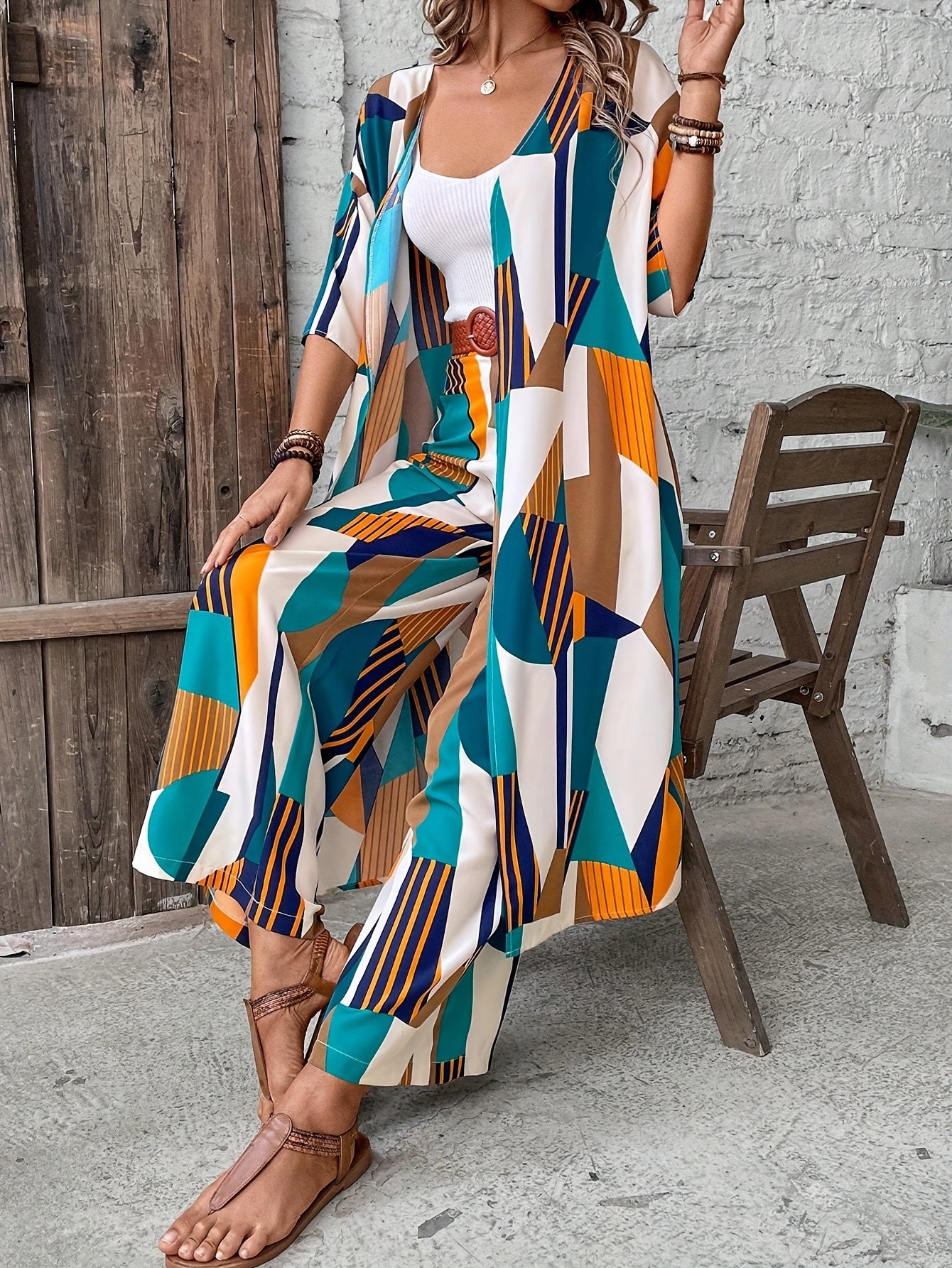 Vacation Style Geo Print Pantsuits Set, Long Length Short Sleeve Shirt & Wide Leg Pants Outfits, Women's Clothing