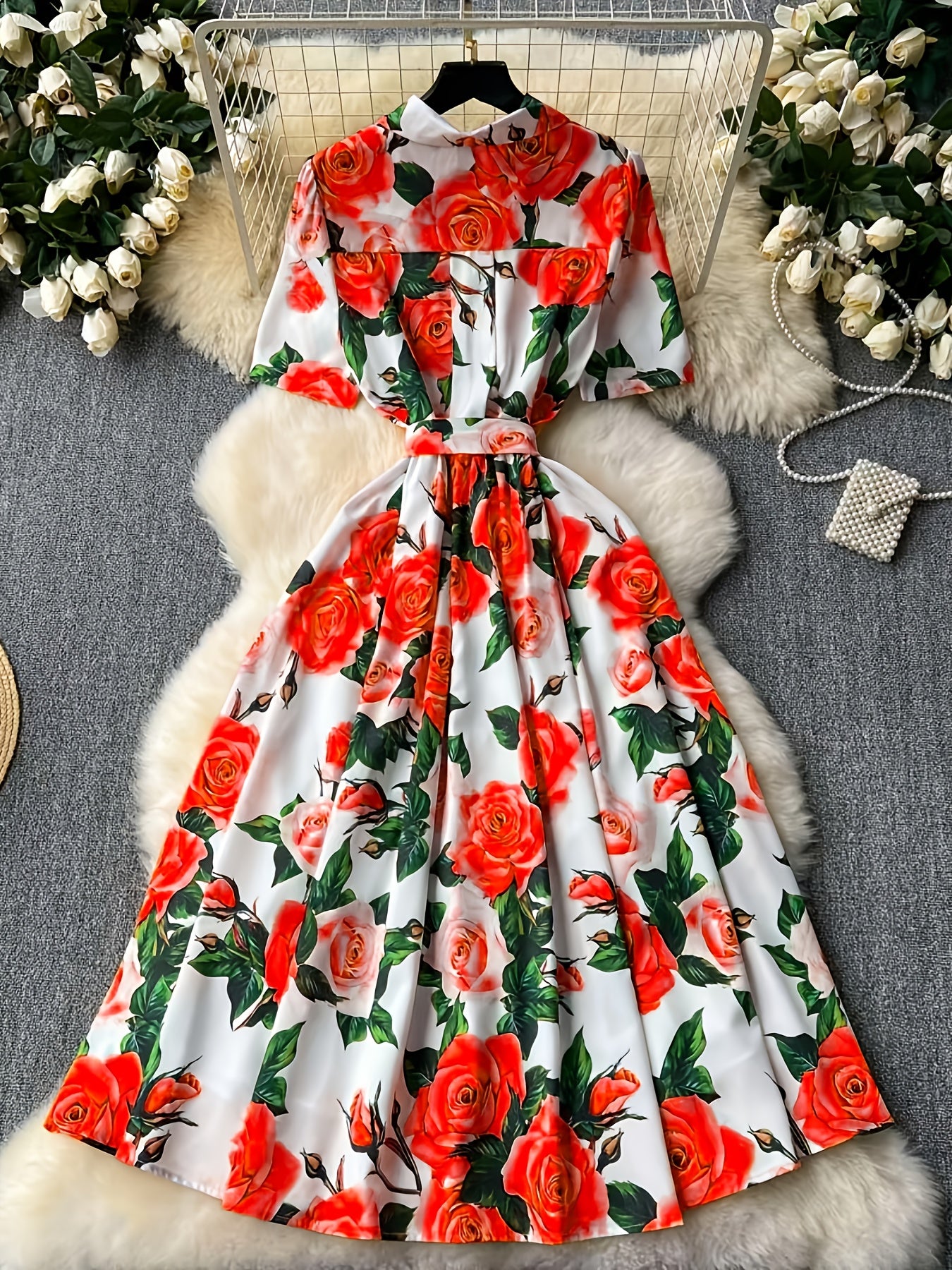 Elegant Women'S Floral Print Dress with Short Sleeves, Lapel Collar, and Cinched Waist - Romantic Rose Design, Perfect for Spring Outings, Garden Parties, and Casual Events, Garden Party Dress | Floral Print Dress | Stylish D