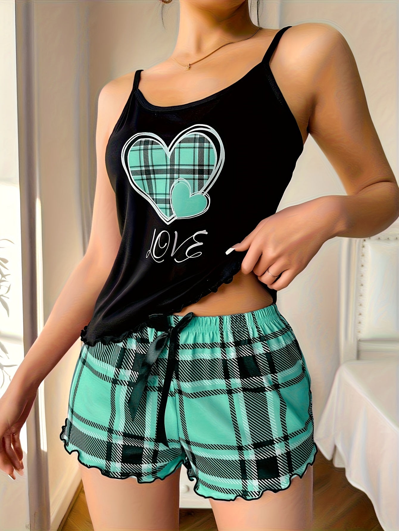 Women's Plaid Heart Print Frill Trim Casual Pajama Set, Round Neck Backless Cami Top & Shorts, Comfortable Relaxed Fit, Summer Nightwear