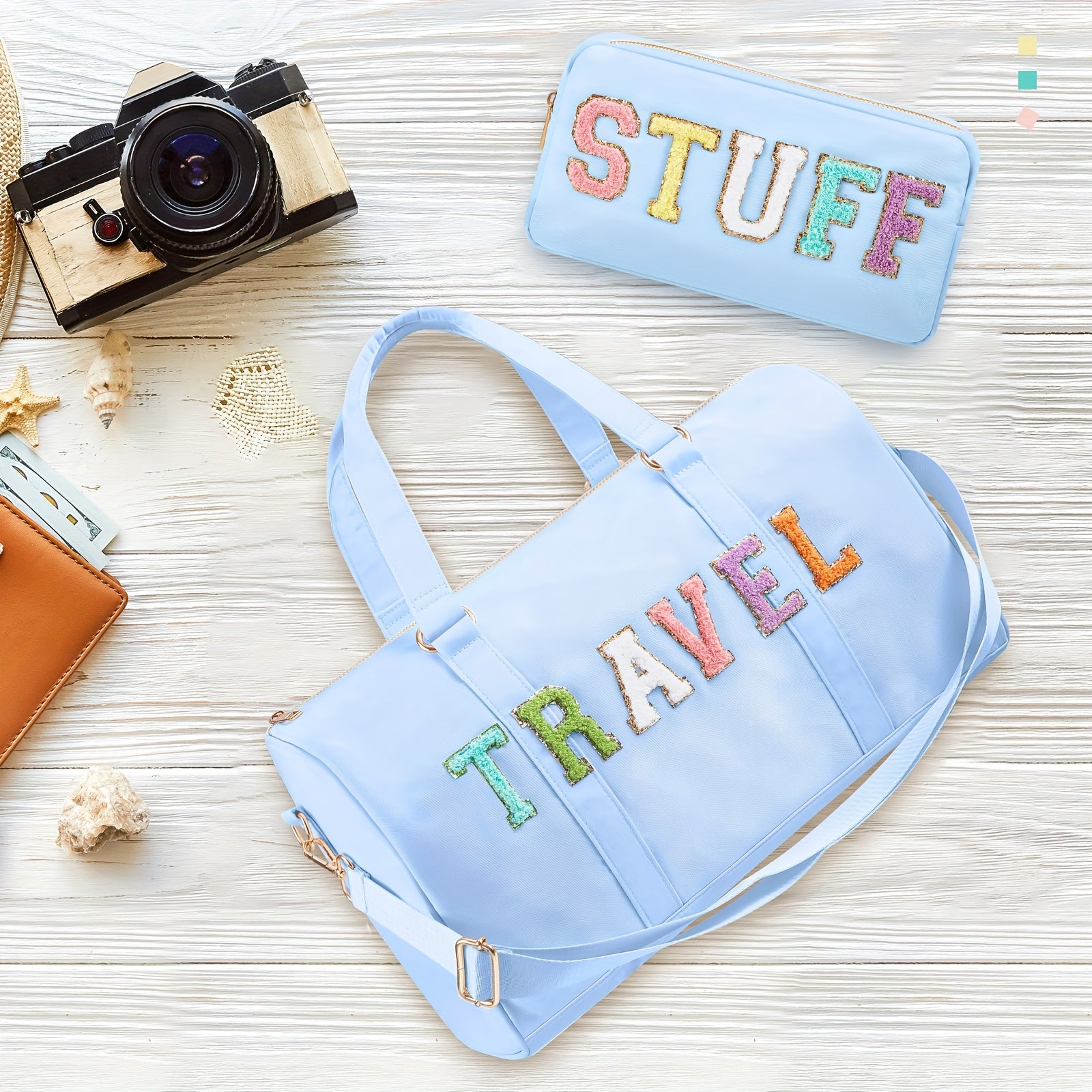 Shinylin 2pcs Preppy Chenille Letter Duffle Bag And Makeup Pouch, Travel Tote Bag Cosmetic Zipper Patch Makeup Bag (Blue)