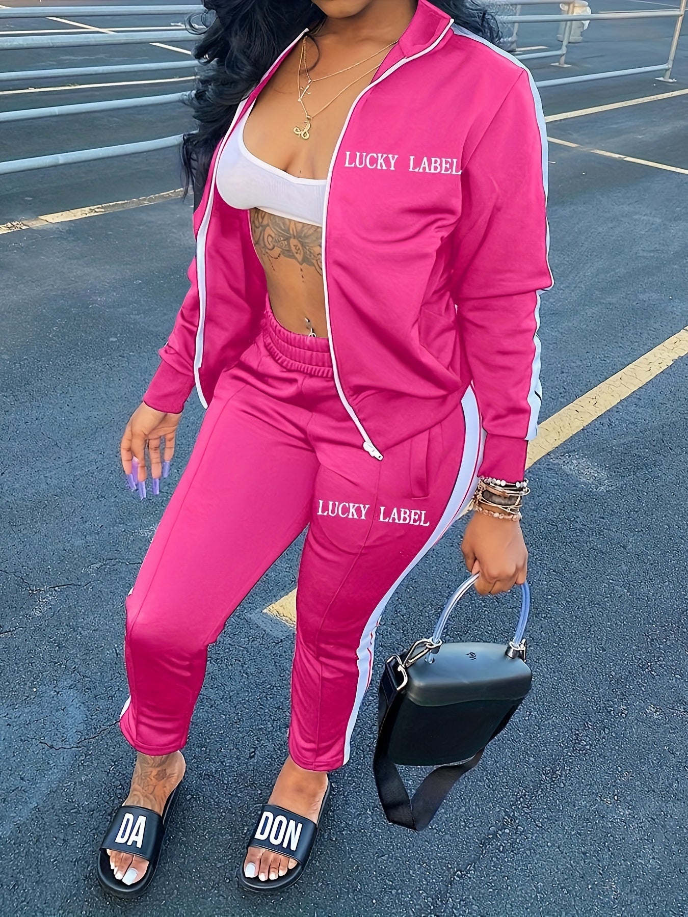 Women's Letter Pattern Striped Two-piece Set, Zip Up Long Sleeve Tops & Elastic Waist Pants Outfits - Casual Style - For Women - Perfect for Daily Wear, Parties & Going Out