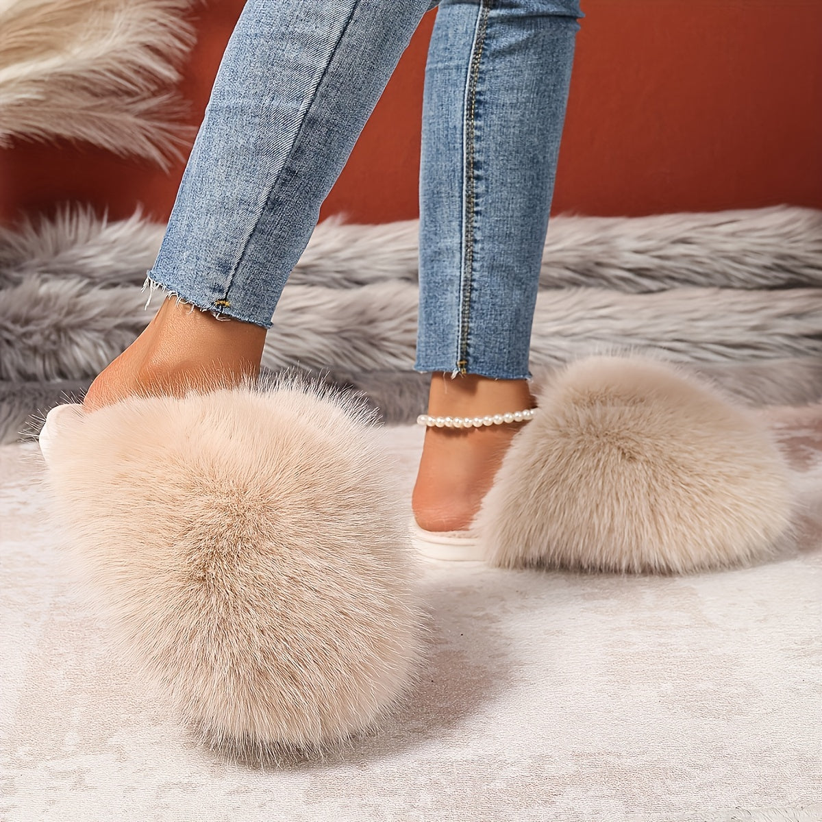 Women's Faux Fur Elegant Slippers – Korean Style, Warm All-Season House Shoes with Non-Slip Rubber Sole