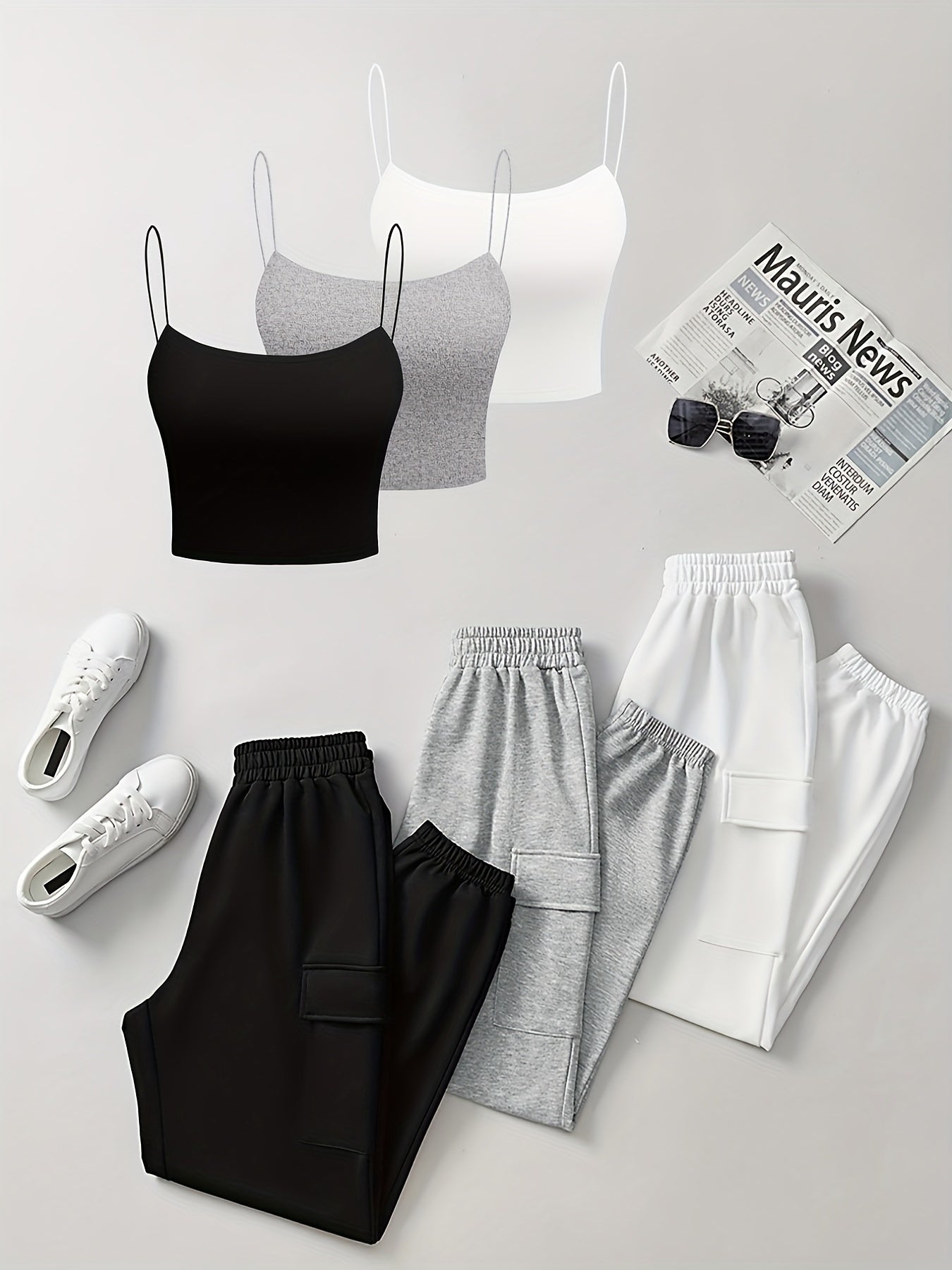 [Stylish Lounge Wear Set] 6pcs Comfortable Polyester Vest and Sweatpants Set - Solid Color Knit Fabric, All-Season Lounge Wear with Pockets
