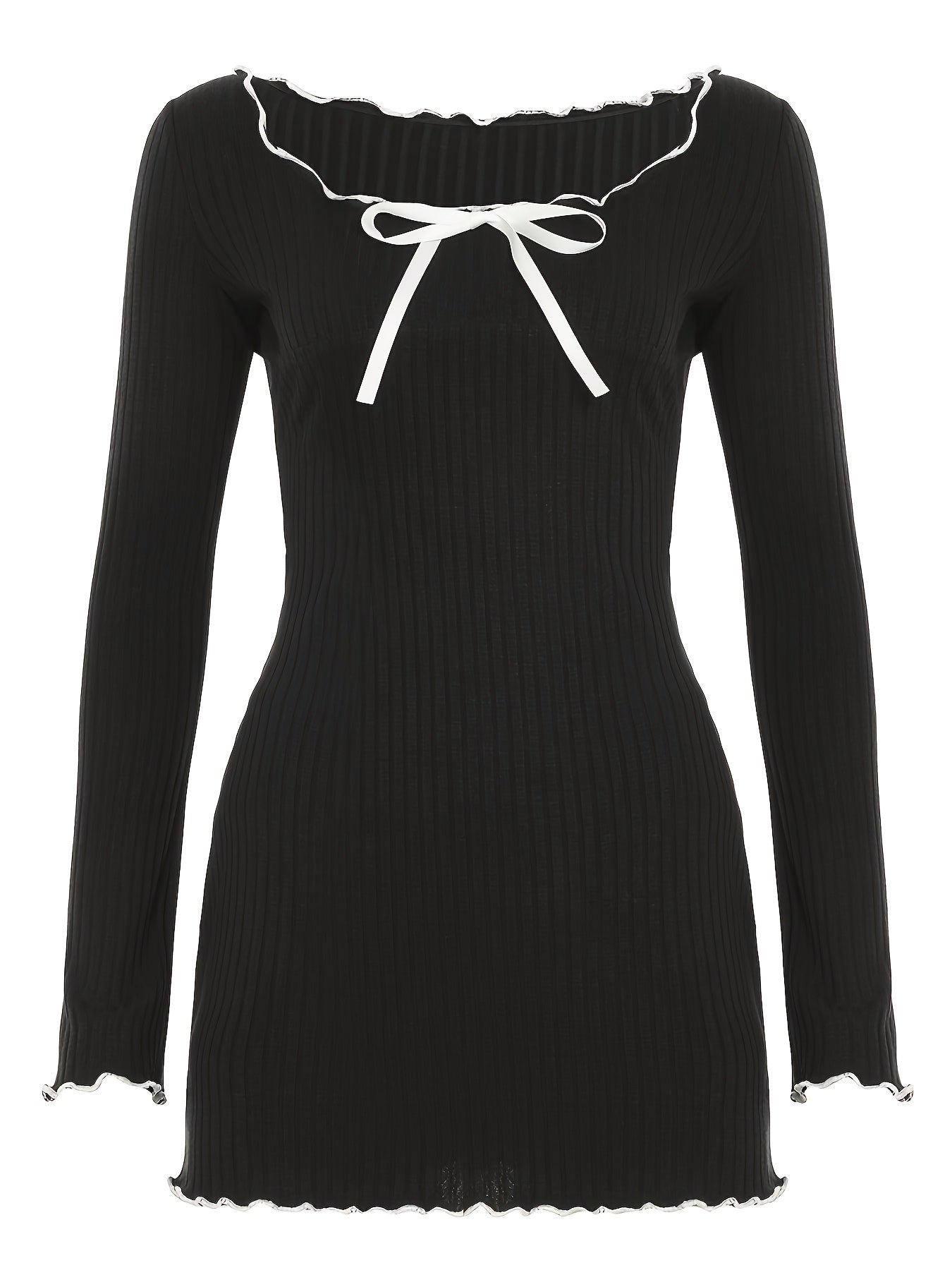 Chic Y2K-Inspired White A-Line Dress with Bow Detail - Square Neck, Long Sleeves, Ribbed Texture, Lettuce Hem - Polyester Blend, Machine Washable - Women's Fashion, Spring Fashion Dress | Square Neckline Dress | Stretchable F