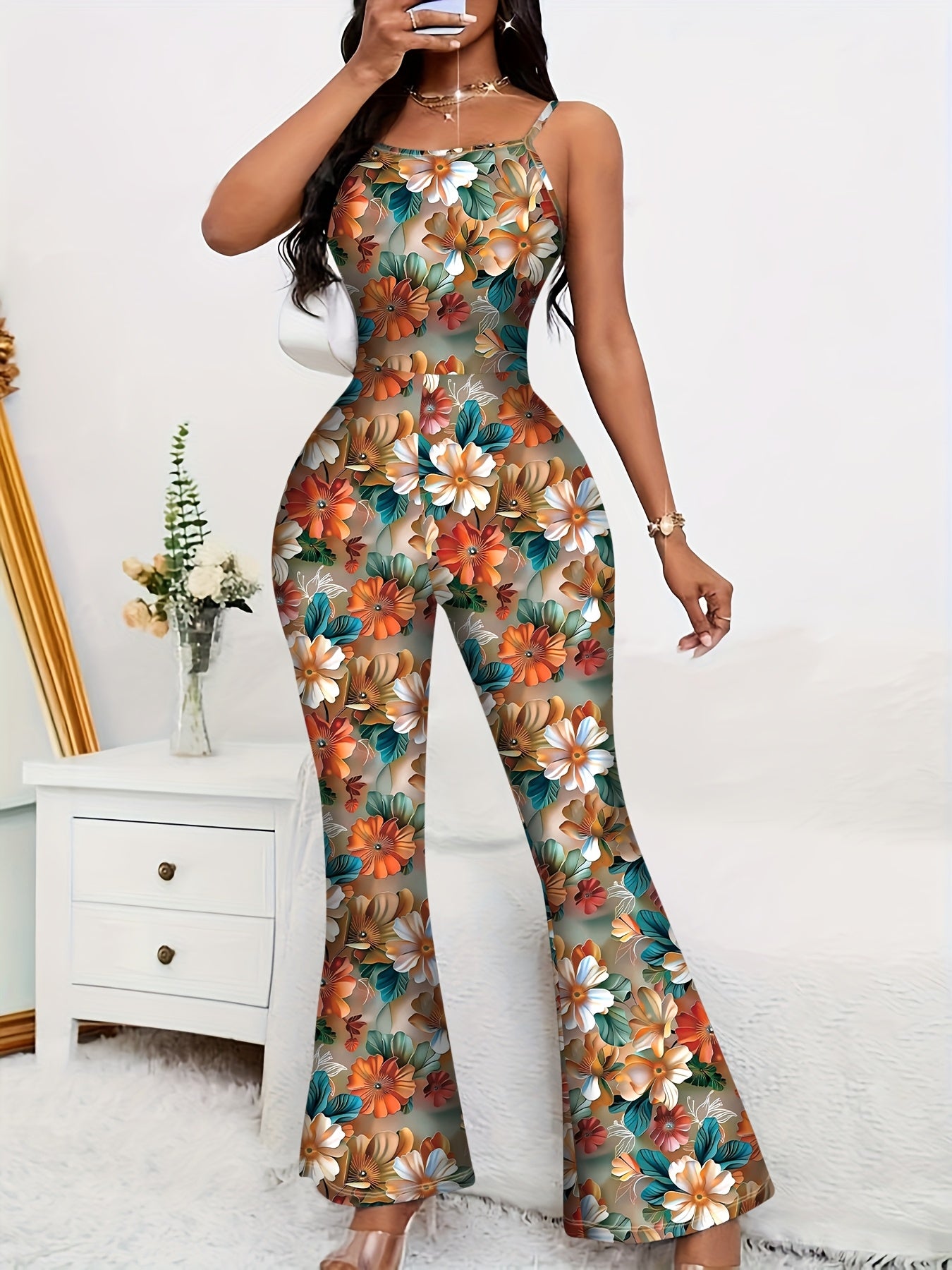 Women'S Elegant Floral Print Sleeveless Spaghetti Strap Jumpsuit, Slim Fit Stretch Bell Bottoms, Sexy Summer Bodycon Romper, Fashionable and Comfortable, Jumpsuits for Summer