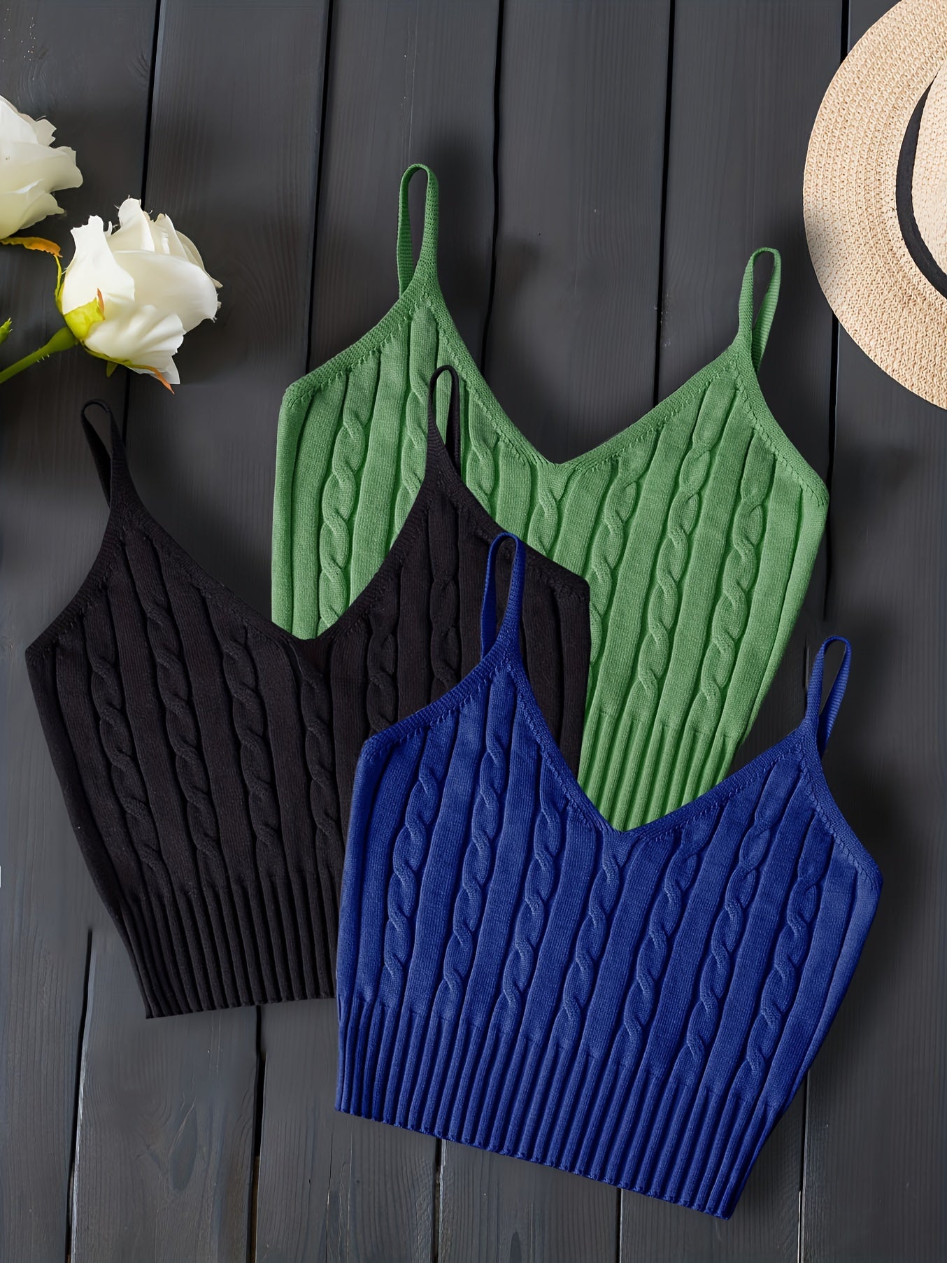 3-Pack Valentines Day Cable Knit Cami Tops - Soft V-Neck, Sleeveless Slim Crop, Adjustable Straps, Versatile Layering Essential - Womens Clothing, Celebrate Love in Style