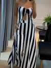 Casual Stripe Print Pants Set, Sweetheart Neck Split Hem Longline Tube Top & High Waist Flare Leg Pants Outfits, Women's Clothing