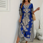 Boho Style Allover Print Cover Up Dress, V Neck Loose Fit Vacay Beach Kaftan, Women's Swimwear & Clothing