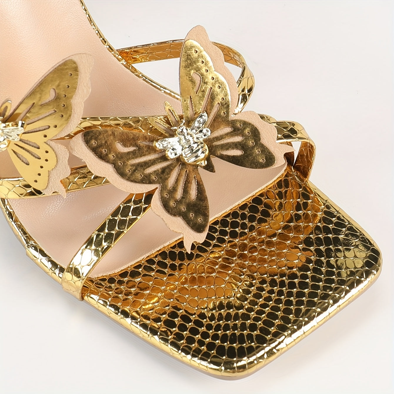 Women's Metallic Golden Ankle Wrap High Heel Sandals with Butterfly & Bow Accents, Heart-Shaped Heel for Evening Parties/Wedding Prom Dress Shoes