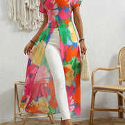 Vibrant Tropical Print Longline Top - Elegant Round Neck, Non-Sheer, Hand Washable - Perfect for Spring & Summer, Women’s Fashion Blouse in Pink, Yellow, Blue & Green, Casual Elegant Wear | Flowing Elegance | Stylish Maxi T