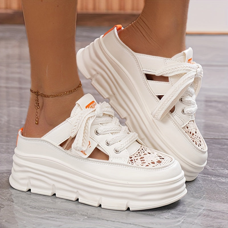 Women's Stylish Thick-Sole Platform Sandals - White & Orange, Round Toe, PU Cover, Lace-Up Design, Summer Outdoor Shoes with Rubber Sole for Added Height, Ladies Sandals