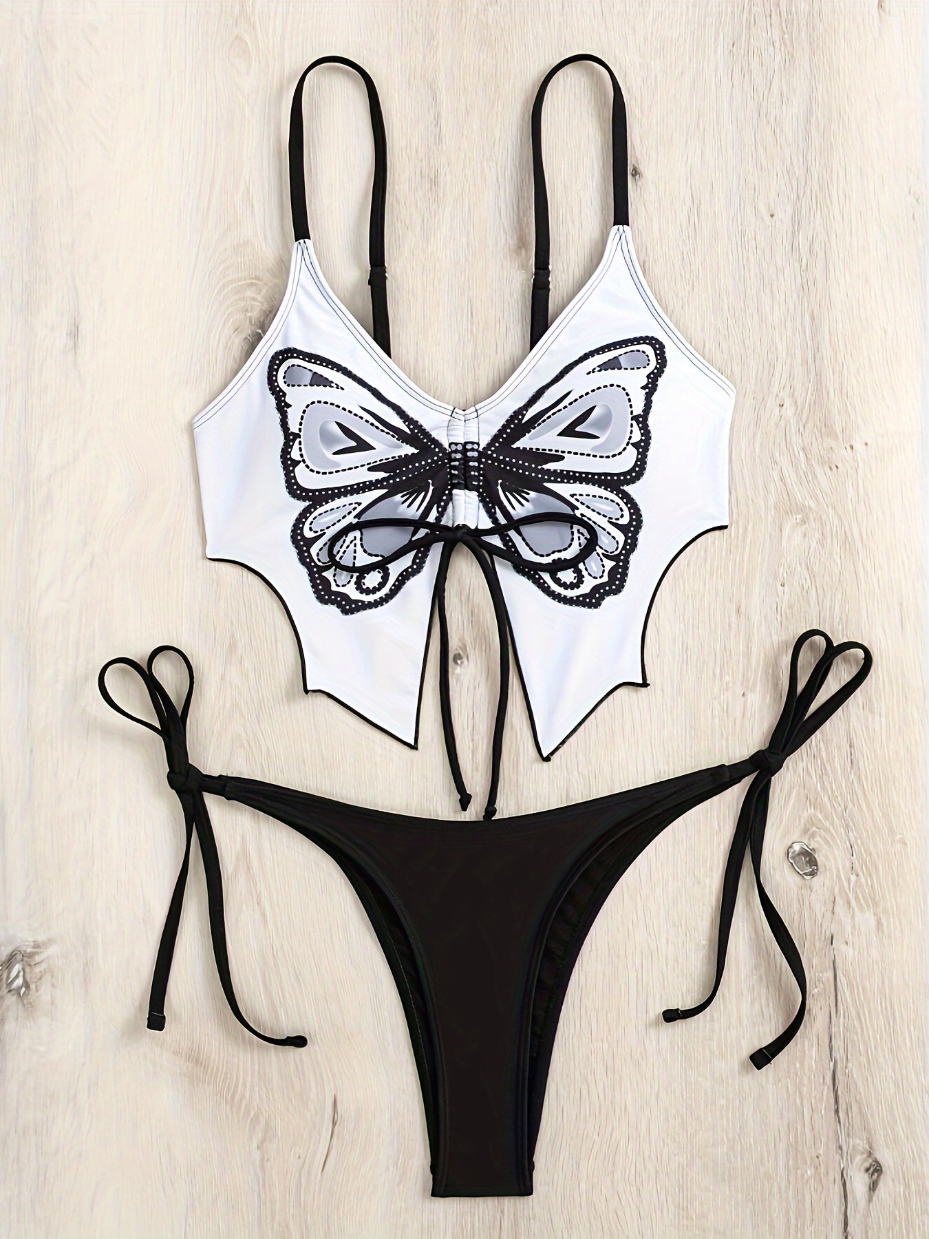 Butterfly Print 2 Piece Set Bikini, Drawstring Front Tie Side High Cut Swimsuits, Women's Swimwear & Clothing
