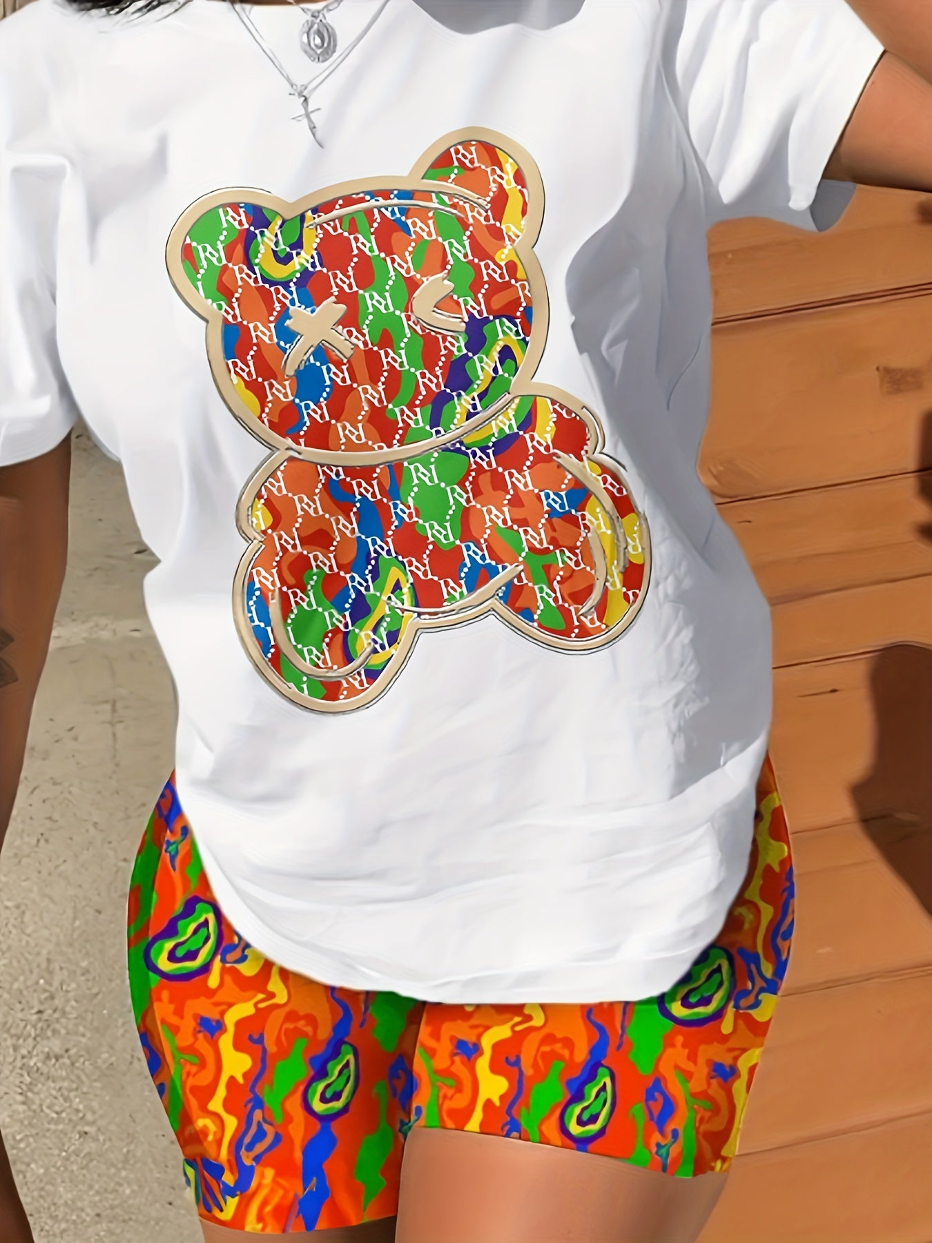 Rabbit Print Casual Shorts Set, Crew Neck Short Sleeve Top & Shorts Outfits For Spring & Summer, Women's Clothing