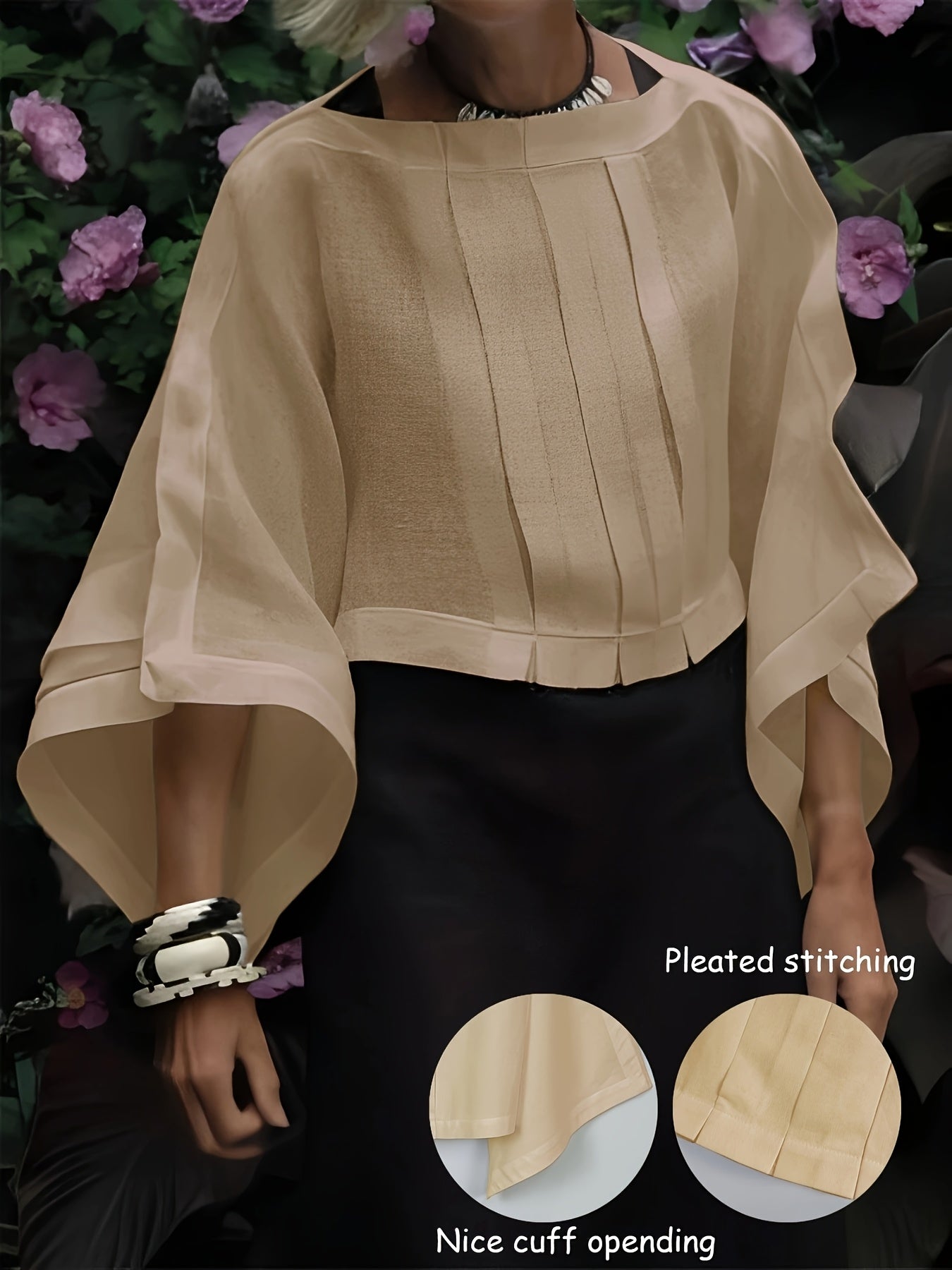 Elegant Polyester Blend 3/4 Sleeve Shirt for Women - Loose Fit Boat Neck Solid Color Woven Shirting with Pleated Detail, All-Season Versatile Top