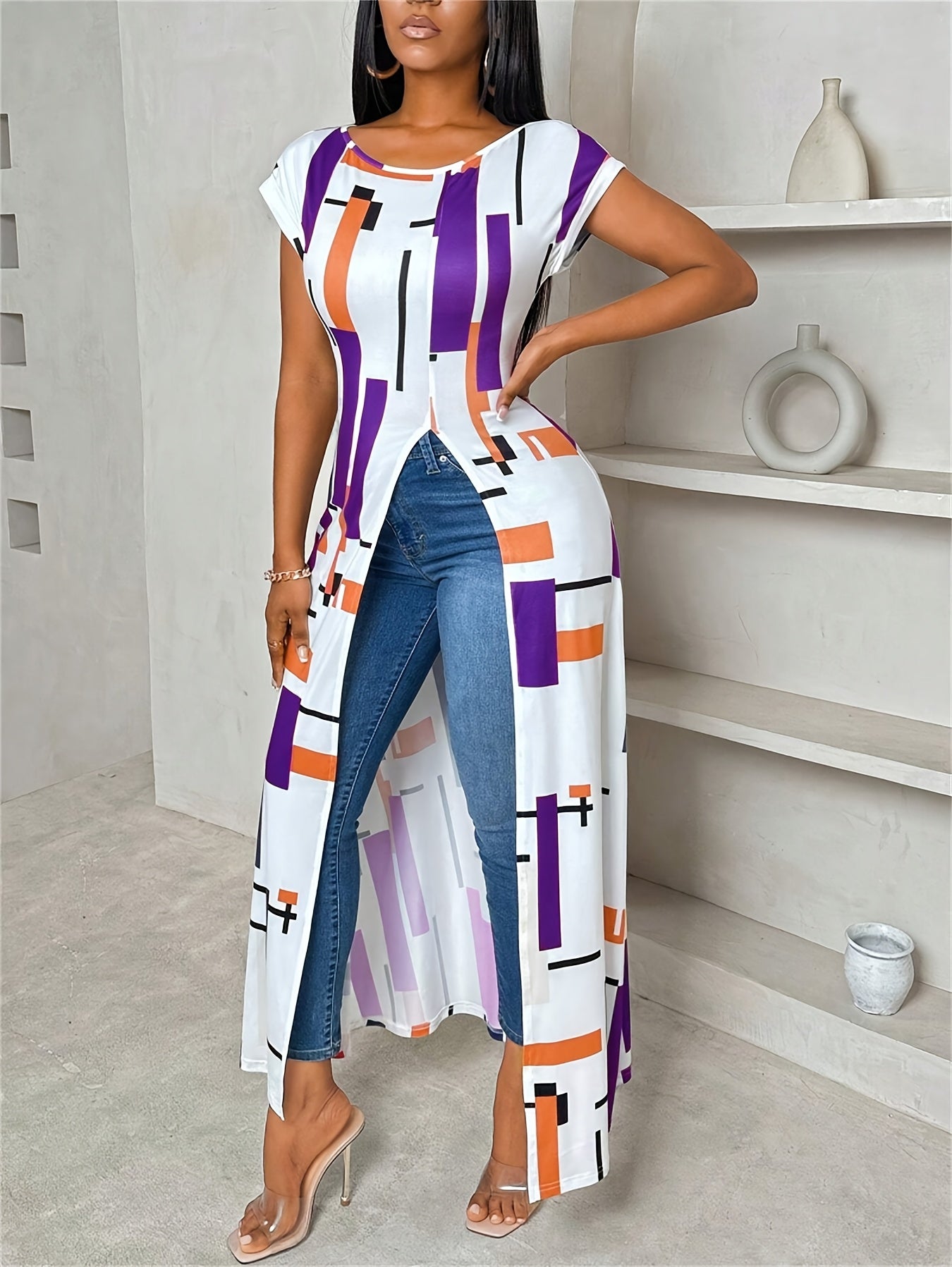 Women'S Geometric Print Round Neck Short Sleeve Casual T-shirt With Side Slit Hem Long Top, Spring/summer Women'S Wear