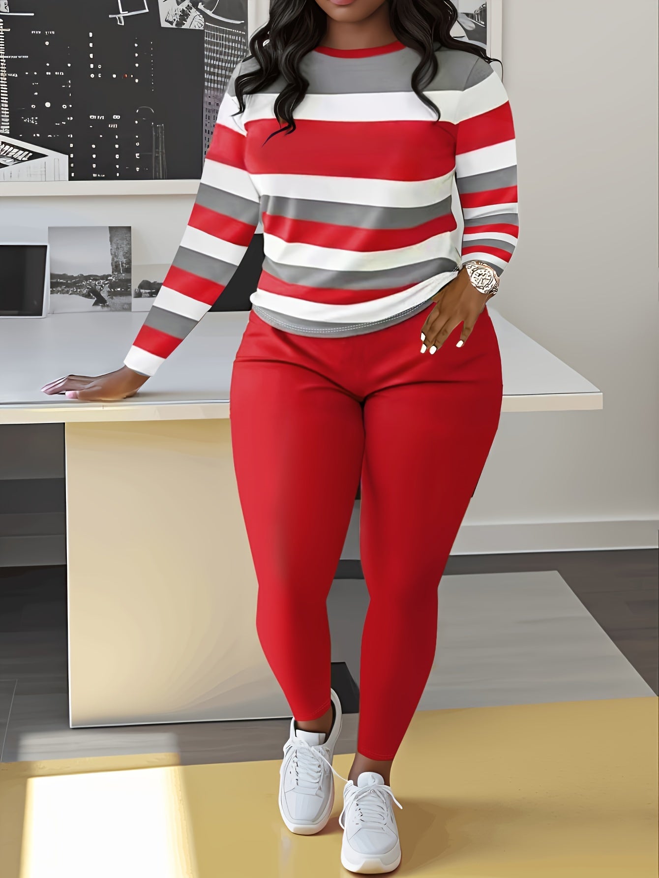 Slim Matching Two-piece Set, Casual Long Sleeve Crew Neck Striped Color Block T-shirt & Solid Elastic Waist Pants Outfits, Women's Clothing