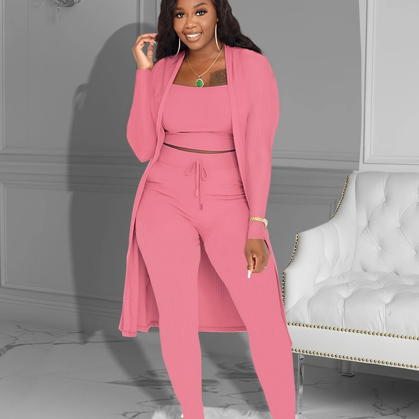 Three-piece Set of Ribbed Solid Casual Outfits, Open Front Long Sleeve Cardigan & Tank Top & Lace Up Pants, Women's Clothing
