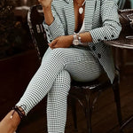 Print Blazer Set Elegant Women's Houndstooth Print Blazer - Casual Polyester Two-Piece with Lapel Collar, Long Sleeves & High-Waisted Pants, Machine Washable - Perfect for Work or Social Outings