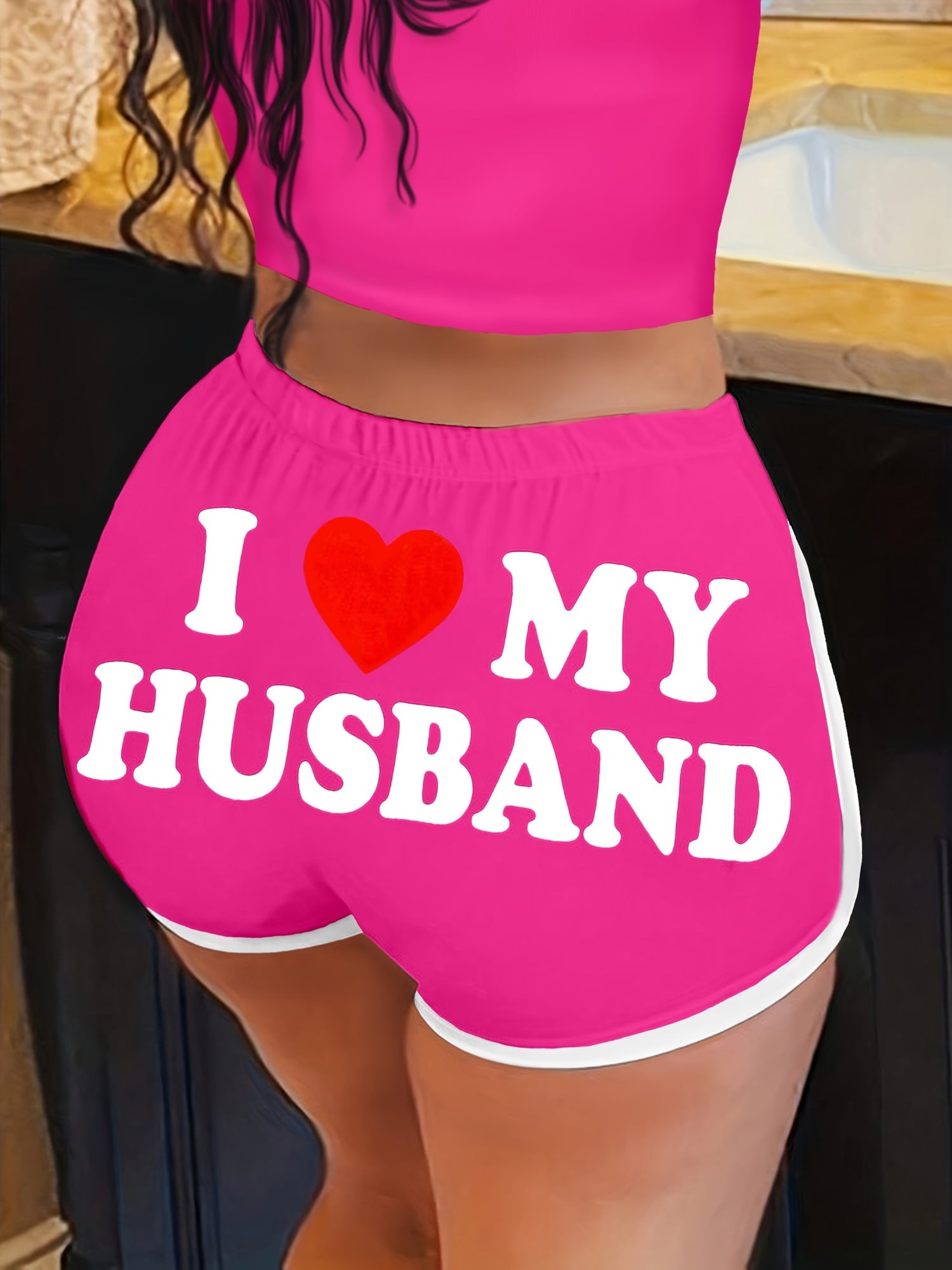 Women'S "I Love My Husband" Letter Print Elastic Waist Shorts - Casual, Stretchy, and Comfortable for Spring & Summer, Perfect for Casual Attire