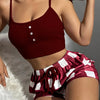 Plaid Print Lounge Set, Casual Ribbed Button Detail Round Neck Crop Cami Top & Drawstring Shorts, Women's Loungewear