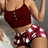 Plaid Print Lounge Set, Casual Ribbed Button Detail Round Neck Crop Cami Top & Drawstring Shorts, Women's Loungewear