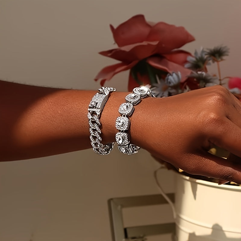 Fashion Women's 4-piece Combo Set - Women's Heart-studded Synthetic Zircon Cuban Bracelet - Multi-layer Chain Bracelet Set - Perfect For Giving Women's Gift Set - , Banquet, Gift Giving, Everyday Accessories