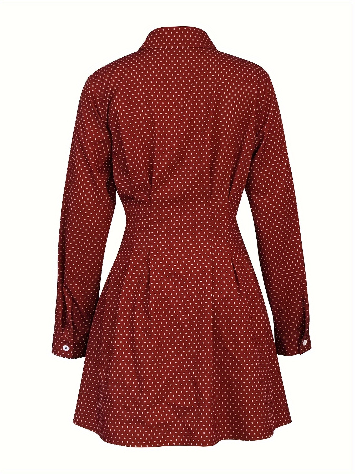 Polka Dot Button Front Dress - Elegant Long Sleeve Pleated Dress For Spring & Fall - Women's Clothing - For Women - Suitable for Parties & Casual Occasions - Perfect Gift for Her