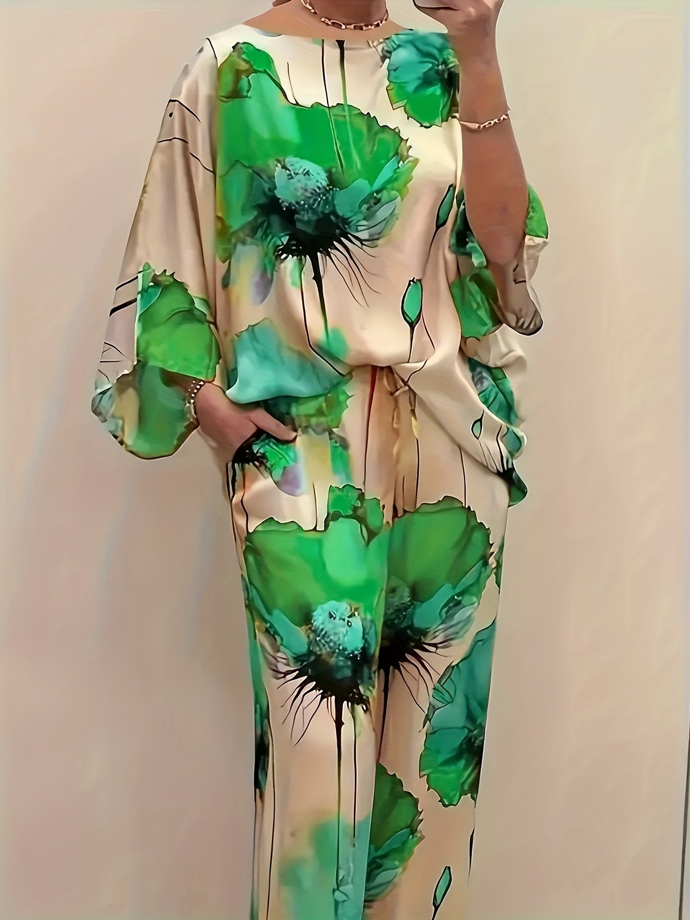 Women's Elegant Floral Print Satin Two-Piece Set: Round Neck Top and Wide Leg Pants