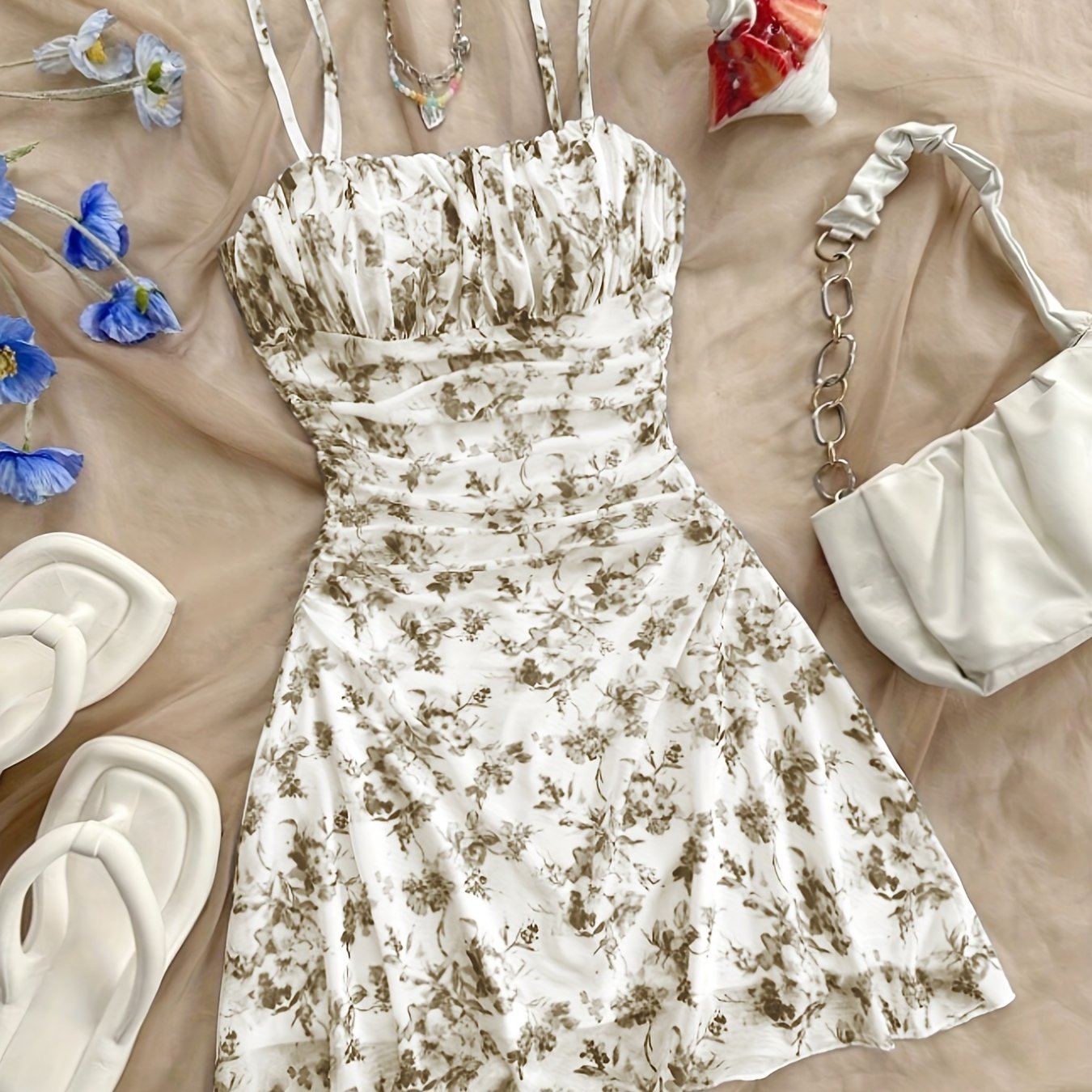 Women's New Floral Print Halter Dress Fashionable Elegant Suitable for All Seasons