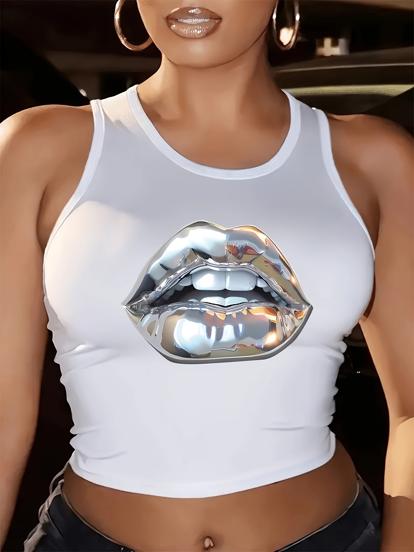 [Casual Fashion Crew Neck Vest] Lip Pattern Vest, Sleeveless Casual Fashion Crew Neck Vest, Spring/ Summer Women's Top