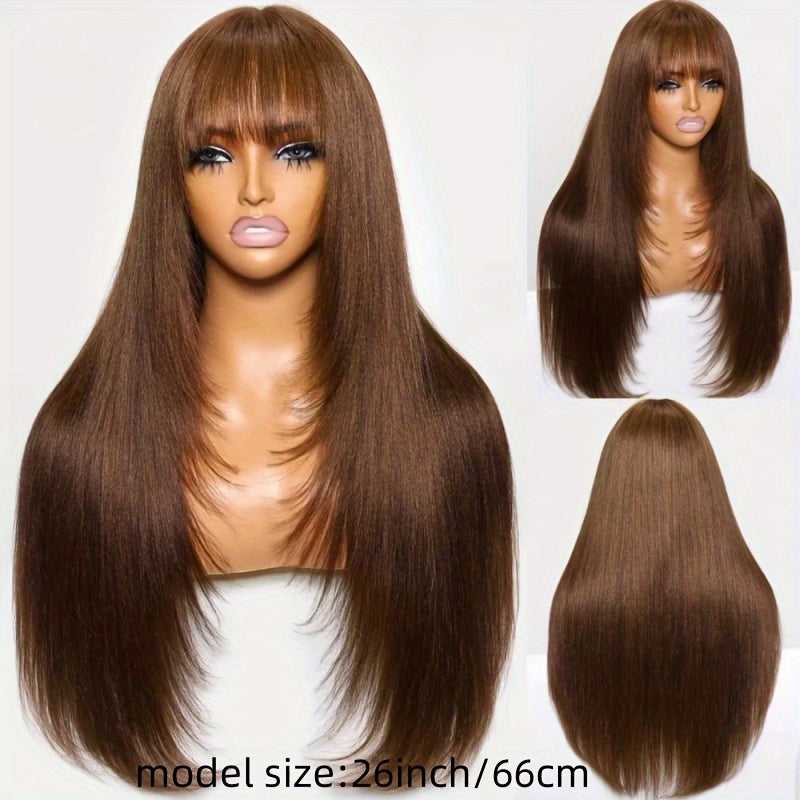 KLAIYI #4 Brown Yaki Straight Human Hair Wig with Bangs & Layered Cut - 100% Brazilian Virgin Human Hair, 150% Density Glueless HD Lace Front, Middle Part, 22.5" Cap Size, Tangle-Free, No Shedding, Air-Dry Friendly for Women