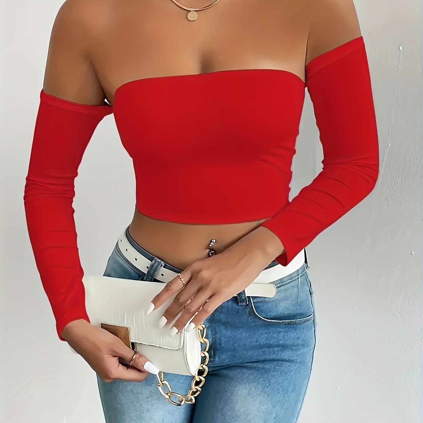 Off Shoulder Crop T-Shirt, Sexy Long Sleeve Slim Top For Spring & Fall, Women's Clothing