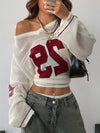 Women'S Elegant Off-Shoulder Crop Top with "PS" Design - White & Red Knit Sweater, Summer Acrylic Top with V-Neck & Long Sleeves, Casual Fashion, Casual Summer Top|Vneck Sweater|Knit Texture