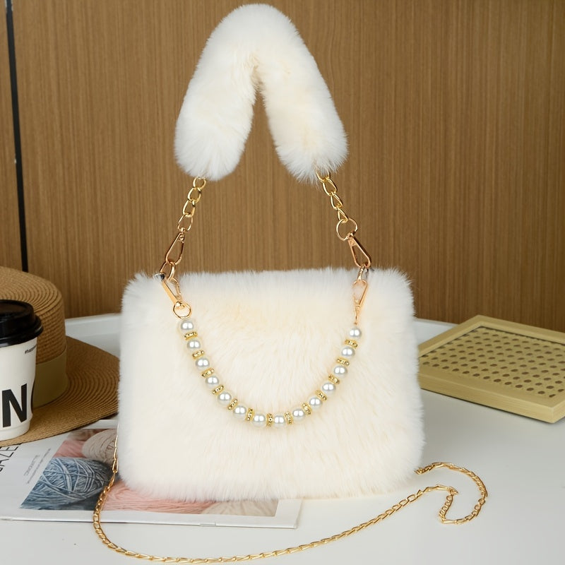 Faux Fur Shoulder Bag with Chain Strap, Synthetic Solid Color Handbag, Zipper Closure, Unlined, Non-Washable - Fashionable Mini Square Purse for Women