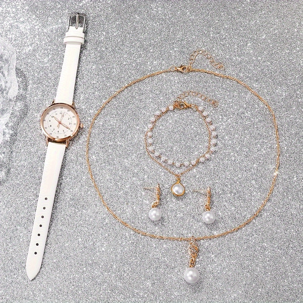 5pcs Elegant Women's Quartz Watch & Pearl Jewelry Set - Rose Golden Case, White Faux Leather Strap, Zinc Alloy - Includes Bracelets & Necklace - Perfect Gift for Valentine's, Easter, Birthdays, Christmas