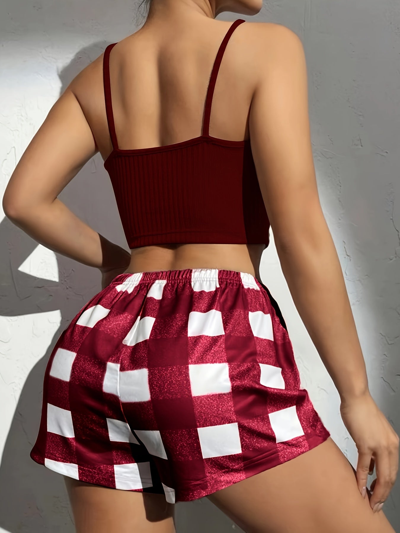 Plaid Print Lounge Set, Casual Ribbed Button Detail Round Neck Crop Cami Top & Drawstring Shorts, Women's Loungewear