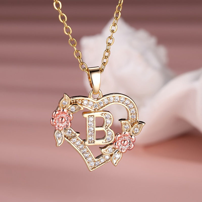 1pc A-Z Letter Love Heart Necklace Elegant zirconia Rose Golden Necklace Valentine'S Day Gift Trendy Jewelry For Women