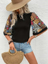 Spring/Summer Elegant Vacation Lei Contrast Lace Embroidery T-Shirt with Trumpet Sleeves and Round Neck for Women