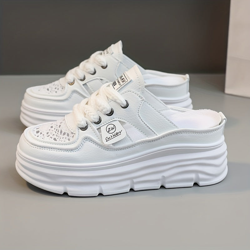 Comfortable Breathable Women's Platform Mule Sneakers, Casual Cutout Design Lace Up Summer Shoes
