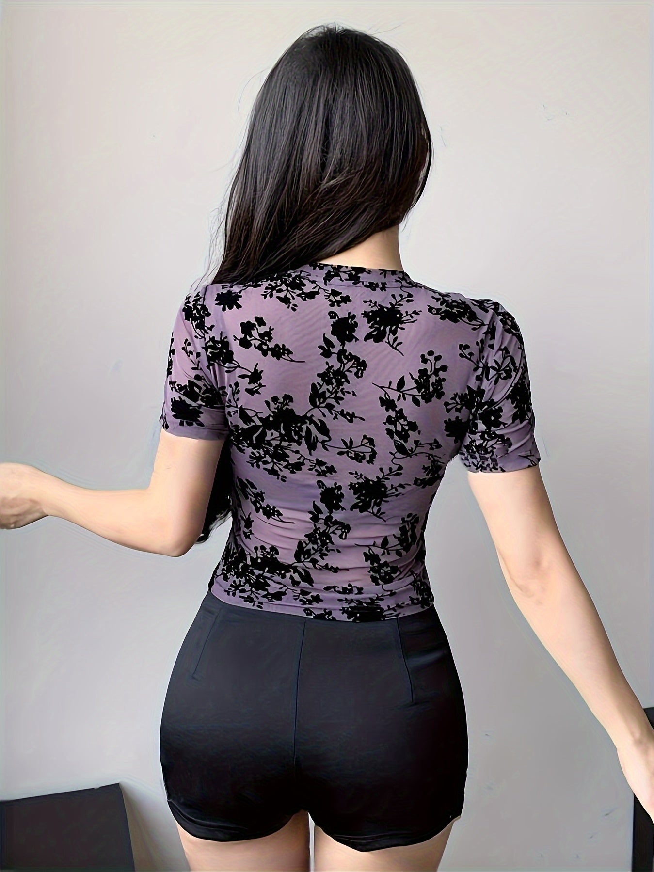 Floral Print Short Sleeve Crop T-shirt, Sexy Semi-sheer Solid Color Crew Neck Top For Spring & Summer, Women's Clothing