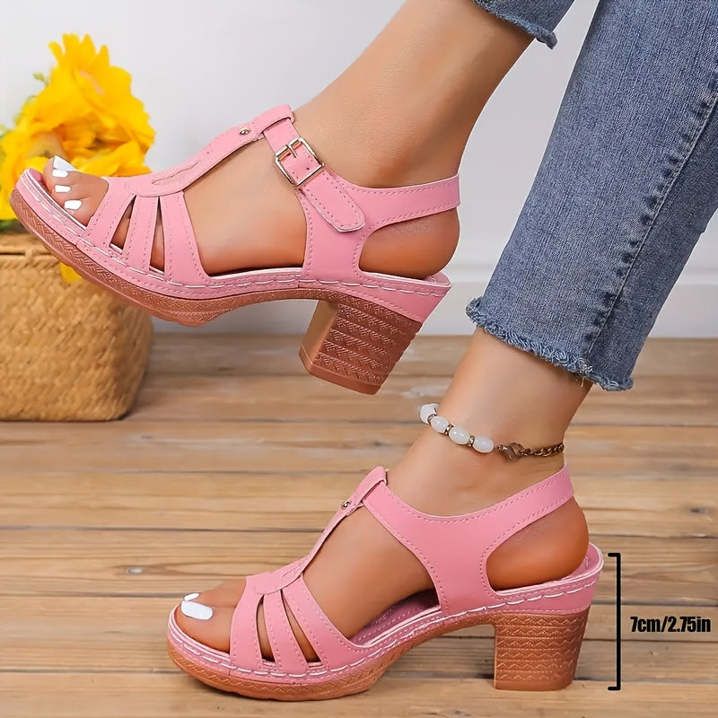 Elegant Women'S Open-Toe Sandals | Hook-and-loop Closure | High Heel | Non-Slip Rubber Sole | Comfortable Synthetic Cover | Versatile Summer Roman Style Shoes with Chunky Heel | Neutral Beige, Brown & White Palette, Chunky He
