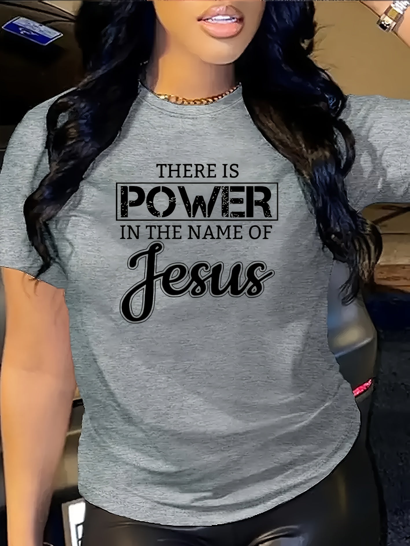 Women's Inspirational Jesus Power Quote T-Shirt - Casual Crew Neck, Short Sleeve, Beige Polyester Tee with Artistic Letter Print, Machine Washable, Casual Wear|Graphic Tee|Polyester Fabric