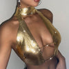Women's Golden Sequin Halter Neck Tank Top with Suspenders - Sexy Party Clubwear, Form-Fitting Stretchy Glitter Top for Night Out & Festive Events, Festive Attire | Strapless Outfit | Metallic Finish