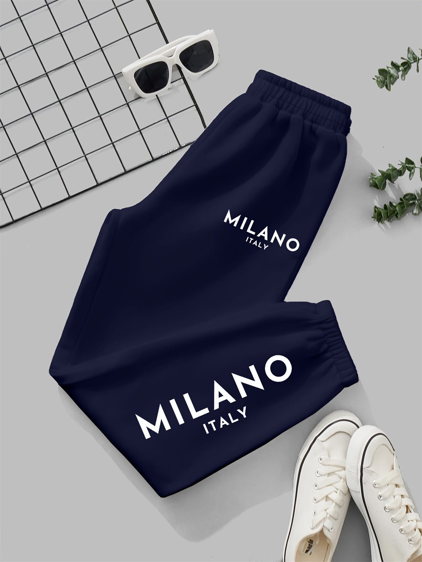 Milano Italy Printed Women'S Jogger Pants, Casual Knit Polyester 100% Fabric, 190g/m², All-Season, with Pockets, Fashionable Long Jogging Trousers for Adult
